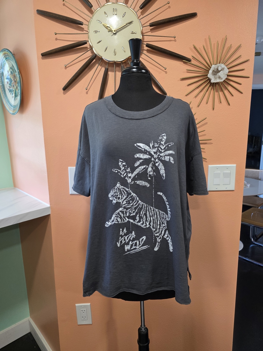 aerie NWT Charcoal Gray Graphic Short Sleeve Tee Boyfriend Boxy T White Tiger - Picture 7 of 14
